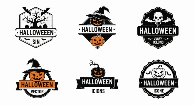 Assortment of Halloween-themed logos featuring pumpkins, skulls, and bats