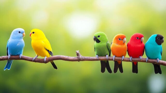 Colorful parakeets perched on a branch in a natural setting  