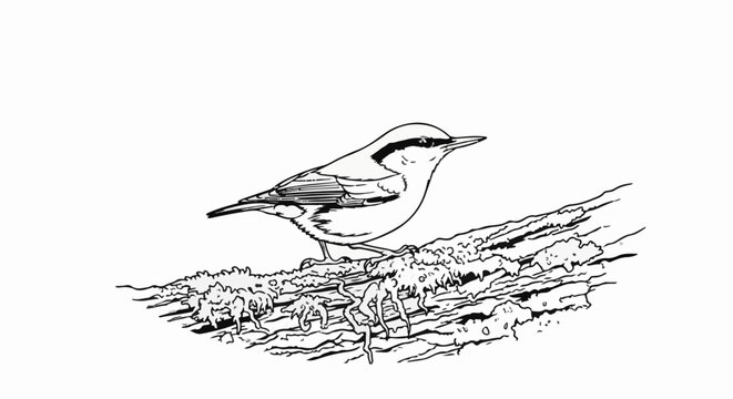Delicate black and white line art of a nuthatch perched on a mossy branch