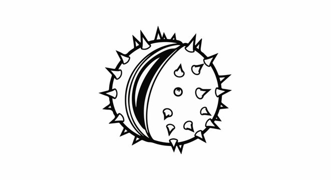 Stylized drawing of a spiky, ribbed seed pod or fruit