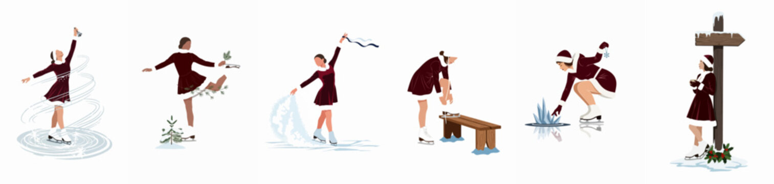 Collection of illustrations featuring a woman in a maroon dress engaged in various winter and ice skating activities against a white background.