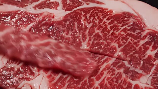 Closeup of Marbled Raw Beef Slices for Grilling.