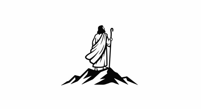 Stylized figure in robes, holding staff, stands atop jagged mountain peaks
