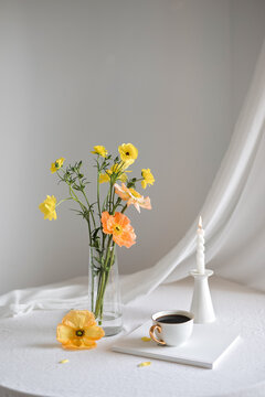 Spring Flower Vase Candle Coffee Cup Styled Table Curtain