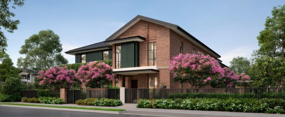 Fototapeta premium A Sydney housing development features brick exteriors lush plants and a fenced garden with blooms.