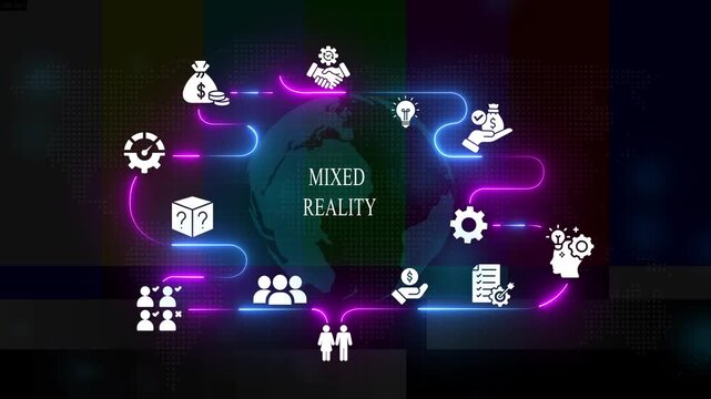 Mixed reality business concept with digital global network and neon infographic digital transformation