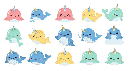 Cute Kawaii Narwhal Collection: Baby Whales with Horns, Smiling, Playful, Pastel Colors © gan