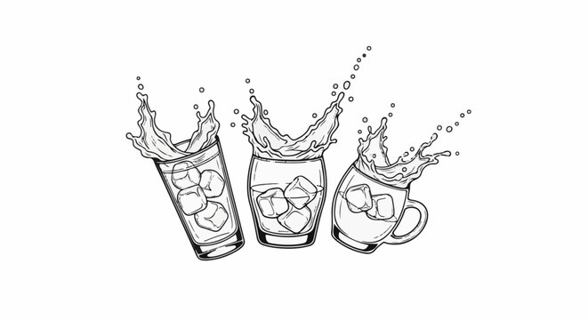 Three glasses of iced drinks with splashes and bubbles