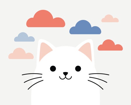 Adorable White Cat with Pink Ears and Whiskers Peeking Over Edge, Surrounded by Cute Coral and Blue Clouds in Soft Pastel Sky, Minimalist Cartoon Style, Perfect for Children's Books, Stationery, Nurse