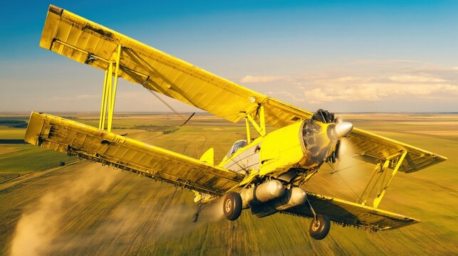 Vibrant Yellow Crop Duster in Flight