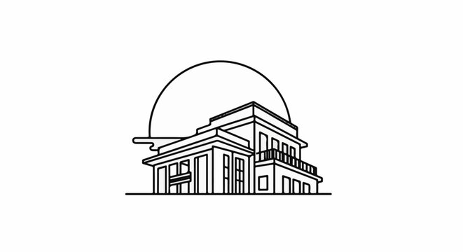 Stylized building with a sun or moon graphic behind it
