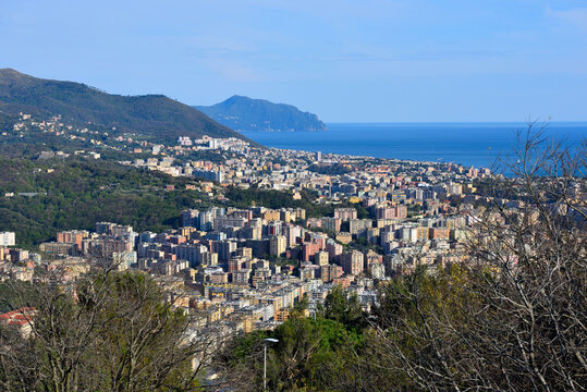 Panorama of the city of Genoa seen from the Righi heights, a well-known panoramic point connected to the historic centre by a historic funicular