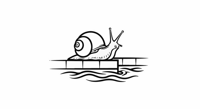 Stylized black and white illustration of a snail on a brick wall above wavy lines