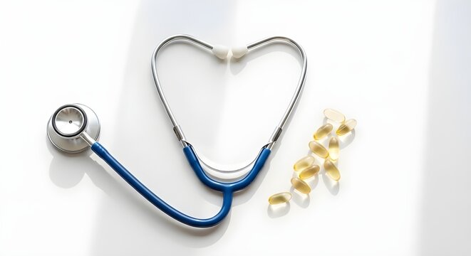 The image features a blue and silver stethoscope arranged in the shape of a heart on a clean, white surface. To the right of the stethoscope lies a small cluster of translucent yellow softgel capsules