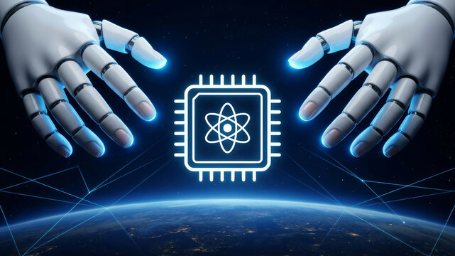 Quantum computing network security robot hand microchip circuit cyber technology space view earth horizon. Quantum computing network security encryption future protection innovation