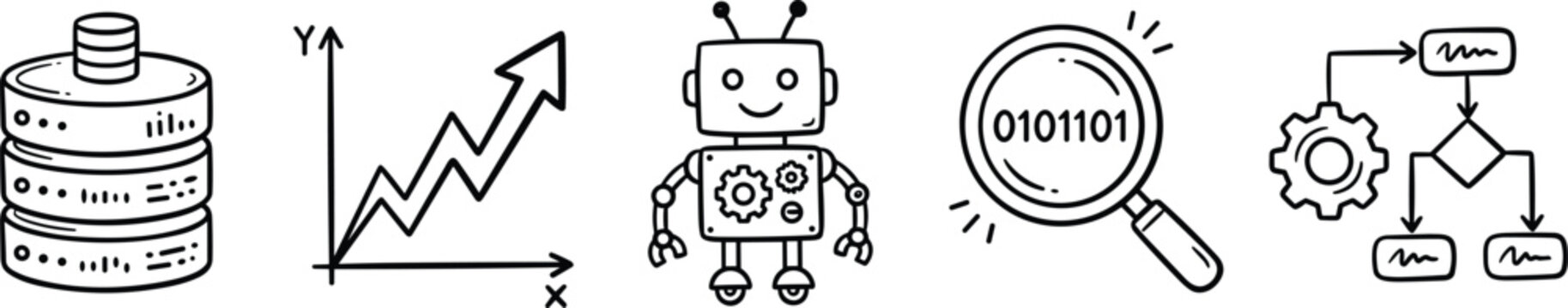 Data science and artificial intelligence icons with database, graph, robot, binary search, and algorithm flowchart for technology projects