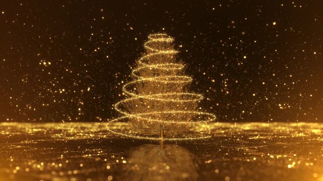 golden light forming a christmas tree dark background sparkling bokeh. holiday celebration magic, glittering magic shimmer, glowing sparks particles flare glitter light tail, sparkling shining trace