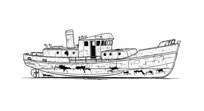Stylized black and white sketch of a derelict tugboat