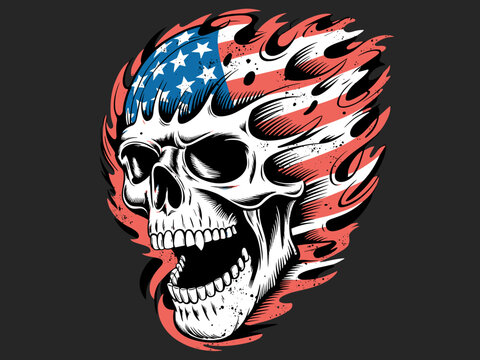 Fiery American Flag Skull Graphic: A Powerful Symbol of Patriotism, Rebellion, and Freedom - Perfect for T-Shirts, Tattoo Art, Concert Posters, Political Expressions, and Patriotic Displays. Illustrat