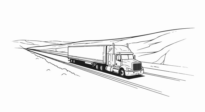 A black and white illustration of a semi-trailer truck driving on a highway through rolling hills