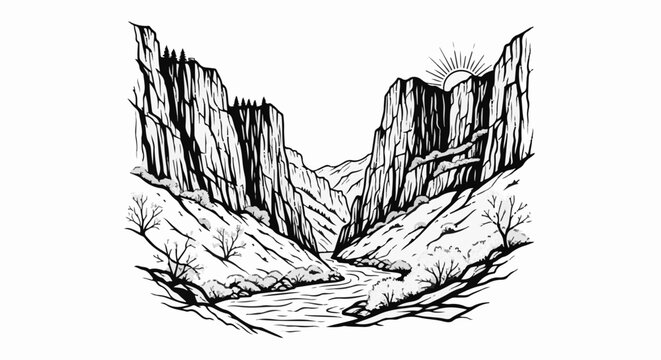 Stylized black and white sketch of a river canyon at sunrise