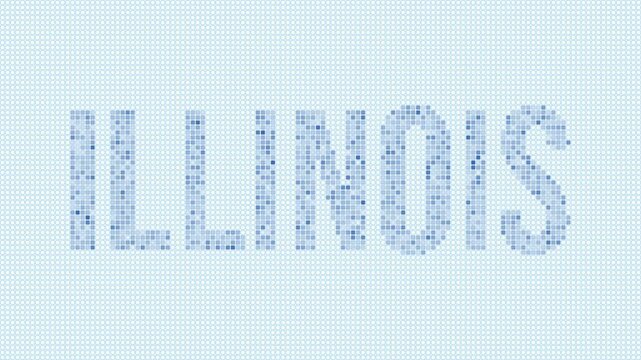 Illinois, United States dotted map animation. Digital style shape of the state. Illinois, United States shape and title dots appear with bulb flickering effect. Intro, outro, logo, title video.