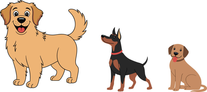 Cute cartoon dog breeds set with golden retriever and puppy characters vector illustration for kids design and pet branding