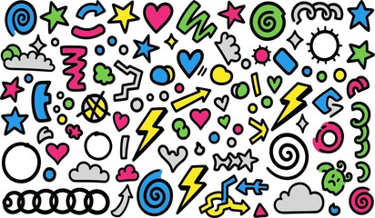 Fototapeta premium colorful doodle icons set with stars hearts and swirls vector illustration