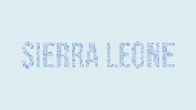 Sierra Leone dotted map animation. Digital style shape of the country. Sierra Leone shape and title dots appear with bulb flickering effect. Intro, outro, logo, title video.