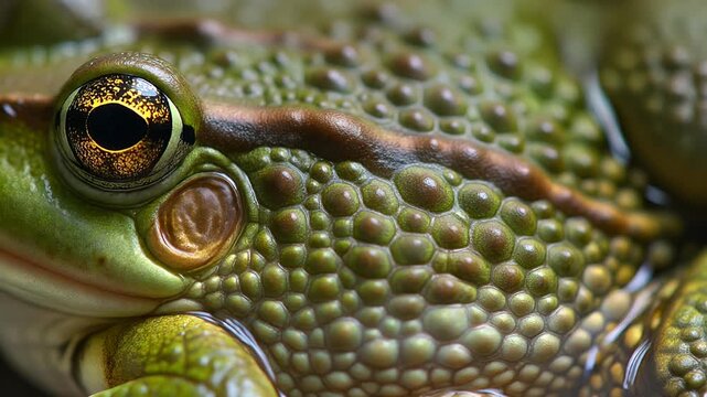Close-up of a vibrant green frog's eye and textured skin, showcasing its intricate details and natural patterns.