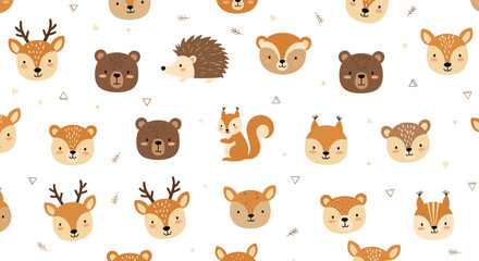 Obraz premium Sweet woodland animal pattern for children featuring deer, bears, squirrels, and hedgehogs with small natural decorative elements.