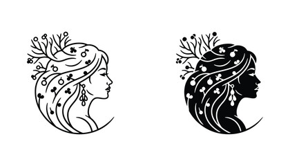 Fototapeta premium Elegant vector set of woman profile with decorative hair and floral elements in outline and silhouette styles for organic beauty and botanical branding