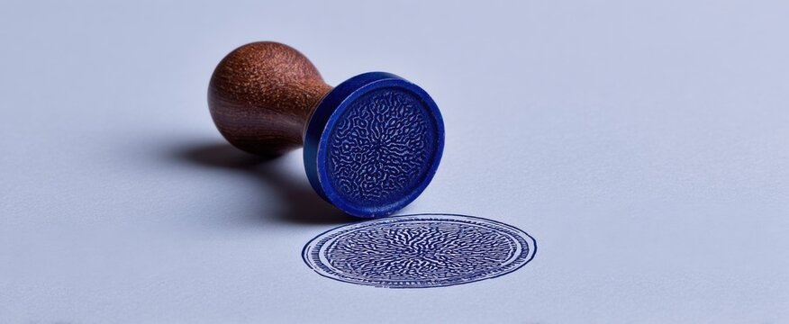 Blue ink stamp in a closed position for efficient marking and branding.