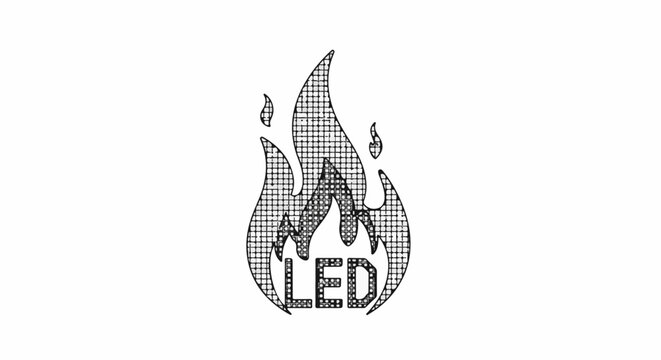 Pixelated flames with the word LED in block letters