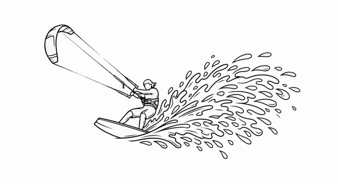 A person kiteboarding, riding on a board through splashing water