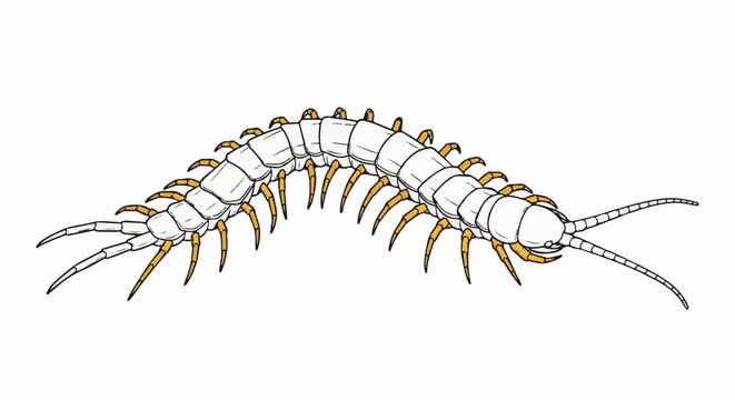 A white centipede with orange legs arches across a white background