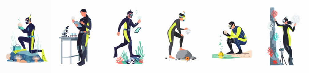 Collection of Marine Biologists and Researchers Conducting Underwater Studies and Laboratory Analysis on Coral Reefs and Aquatic Life © Nurdayatt