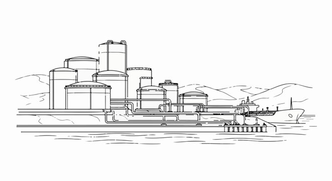 Industrial complex with storage tanks and a docked tanker ship