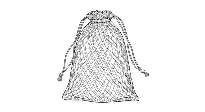 Detailed black and white sketch of mesh drawstring bag for zero waste shopping and eco-friendly storage solutions.