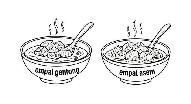 Line art shows two bowls of steaming stew with meat cubes and spoons