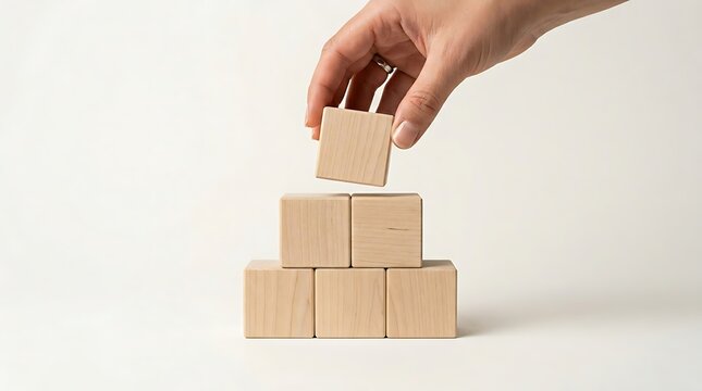 Wooden blocks pyramid construction, hand placing final wood cube on stack, business growth and leadership concept on white background