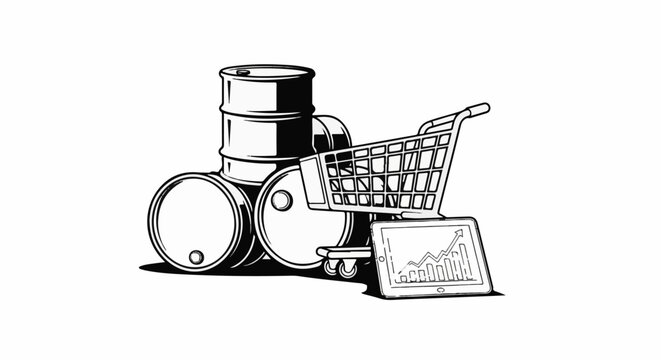 Barrels and shopping cart with financial graph on tablet