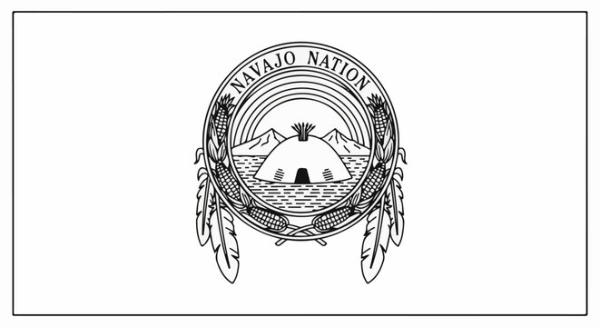 Emblem with traditional dome dwelling, mountains, rainbow, corn, and feathers