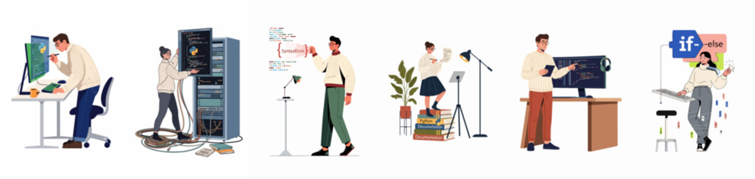 Set of flat vector illustrations depicting software developers and engineers engaged in Python coding, server maintenance, debugging, and technical documentation.