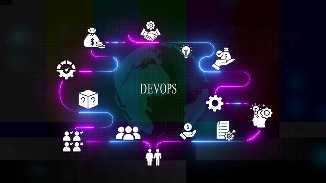 Dev ops concept animation with neon global network and digital business devops technology software development