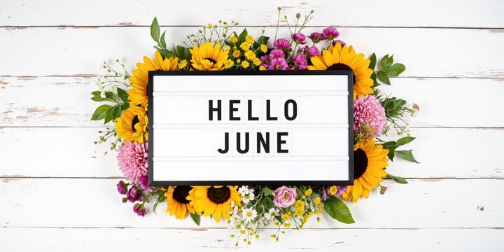 hello june sign on white wooden background