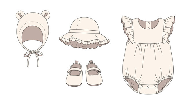 Charming set of baby girl clothing includes a bonnet with ears, a sun hat, cute shoes, and a ruffled romper in a neutral tone.