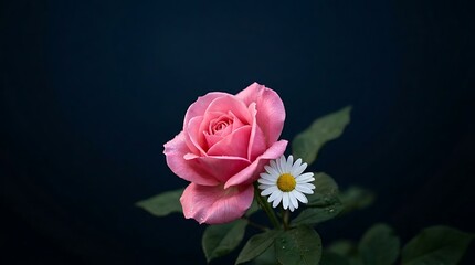 Fototapeta premium Elegant pink rose and white daisy on dark background, romantic floral bloom with green leaves, moody botanical still life for greeting cards