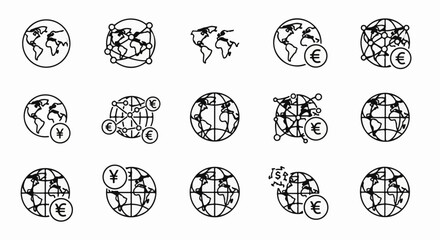 Fototapeta premium Global finance icons depicting world maps and currency symbols