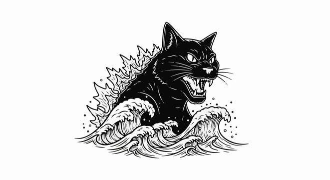 Ferocious black cat emerges from crashing ocean waves, roaring